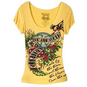 NWOT KIMIKAL Top M Graphic Rhinestones Bird Floral Writing Yellow Cut Out Back
